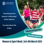 Poster advertising the Sport Ireland Breaking Barriers Women in Sport Officiating Webinar details