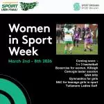 Offaly Sports Partnership - Women in Sport week promotional poster (English) - 2nd to 8th March. Activities coming up include 3v3 basketball, boxercise for women in Killeigh, Camogie come try, GAA blitz, gynastics for girls, S&C for teenage girls & Tullamore Golf ladies event