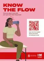 Graphic of girl drinking from a bottle on a pink background with a qr code scan option to bring you to a website with additional information on why it's important to know your menstruation flow