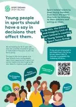 Poster seeking young people to join a Sport Ireland young voices in sport focus group (teal and white poster with text in white and teal and a qr code in the bottom right))