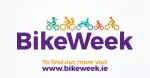 Bike week logo - purple text under multicolured bicycles with a link to www.bikeweek.ie