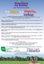 text in irish detailing route of the Grand Canal Greenway Cycle Relay on a blue and green background