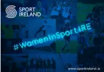 image collage with Sport Ireland logo in white in top left corner, and women in sport in blue across the centre