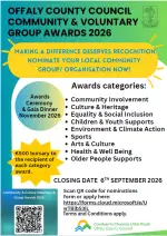 Poster advertising the Offaly County Council Community & Voluntary Group Awards 2026 (english)