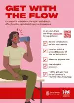 Graphic of girl drinking from a bottle on a pink background with advice on how coaches can support a period positive atmosphere in their organisation with a qr code scan option to bring you to a website with additional information on the topic