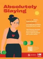 Graphic of a teen girl lifting hand weights with advice on how to manage stage three of her mentrual cycle (days 14-20) on an orange background