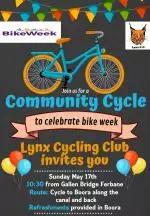 Lynx Cycling Club community cycle for Bike Week poster - meet at 10.30am at Gallen Bridge Ferbane for a there and back cycle to Lough Boora